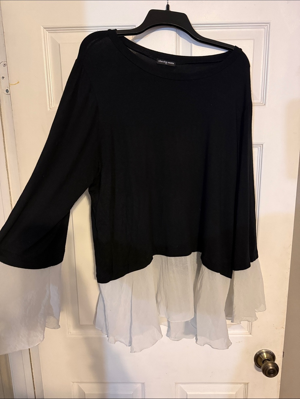 cha cha vente Black Top with White Chiffon Layered Hem